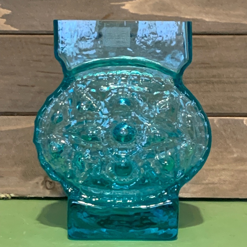 Sea Glasbruk Kosta Sweden Blue Texturized Blue Teal Wavy Art Glass Vase MCM - Picture 3 of 10